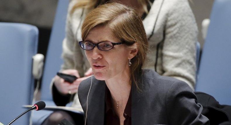U.S. Ambassador to the United Nations and current Security Council President Samantha Power speaks to members of the Security Council about the maintenance of international peace and security on trafficking in persons in situations of conflict, during a meeting at the United Nations Headquarters in New York, December 16, 2015. 
