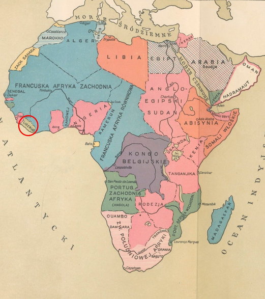 Mapa Afryki z lat 30. XX wieku. Liberia zaznaczona czerwonym kółkiem