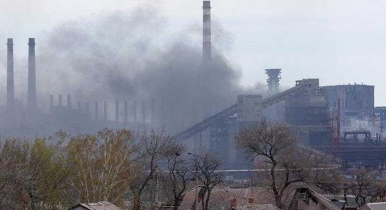 Smoke rises above the Azovstal Iron and Steel Works, where Ukrainian soldiers and civilians are under siege by Russian forces.