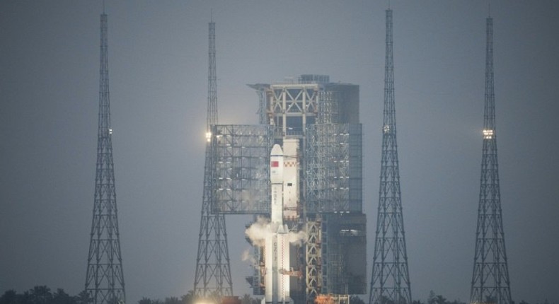 A Long March 7 orbital launch vehicle carrying China's cargo spacecraft Tianzhou-1 is seen at its launch pad at the Wenchang Space Launch Centre before it's scheduled launch in Wenchang, southern China's Hainan Province