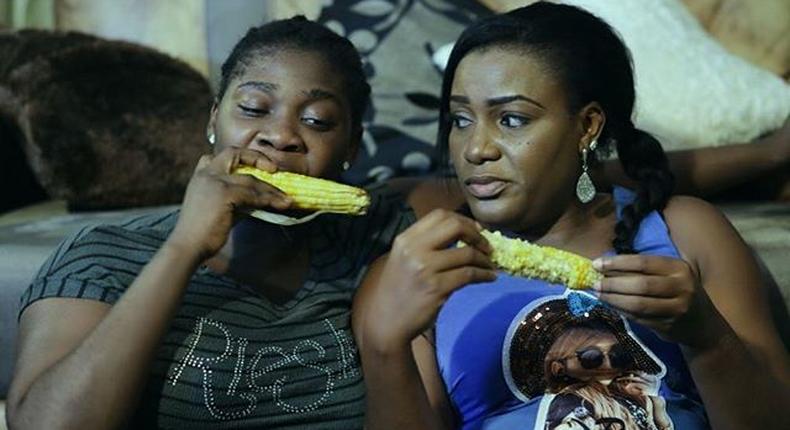 Mercy Johnson and Queen Nwokoye on set of Professor Johnbull 