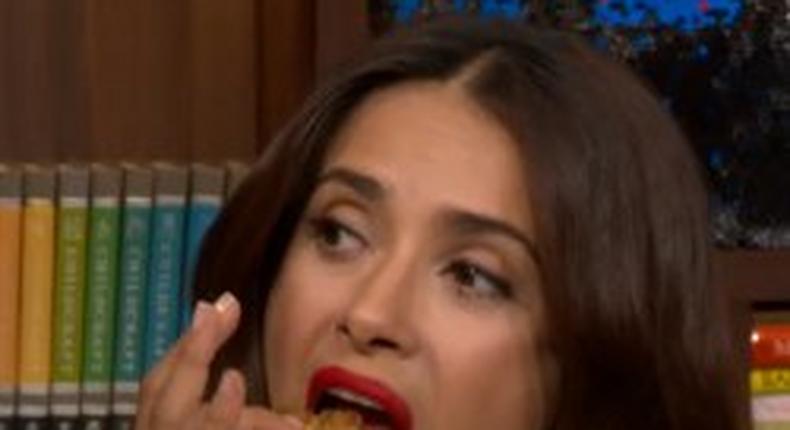 Salma Hayek eating fried frog on ' Watch What Happens Live'