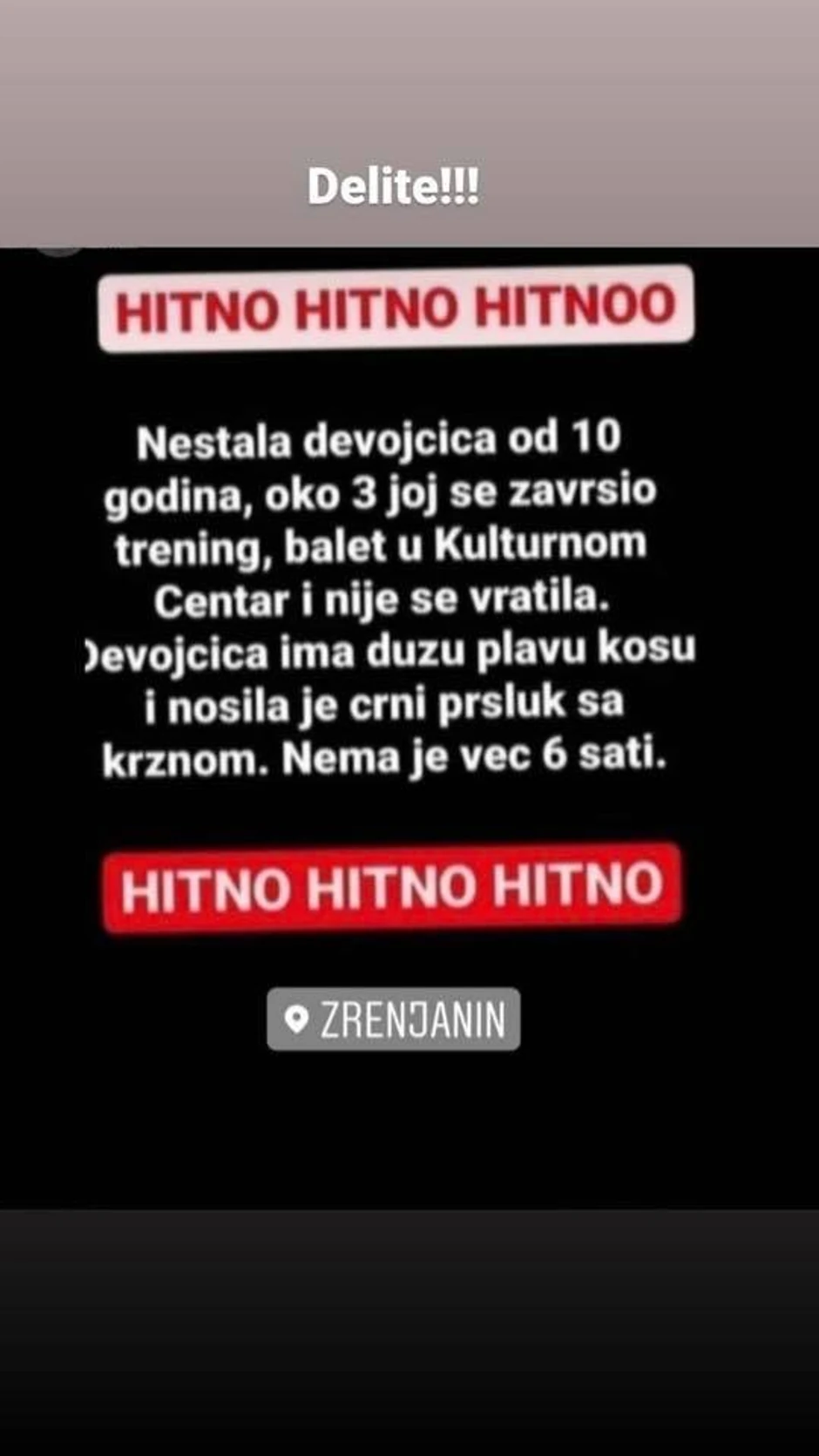 Lažna objava o nestaloj devojčici Zrenjanin