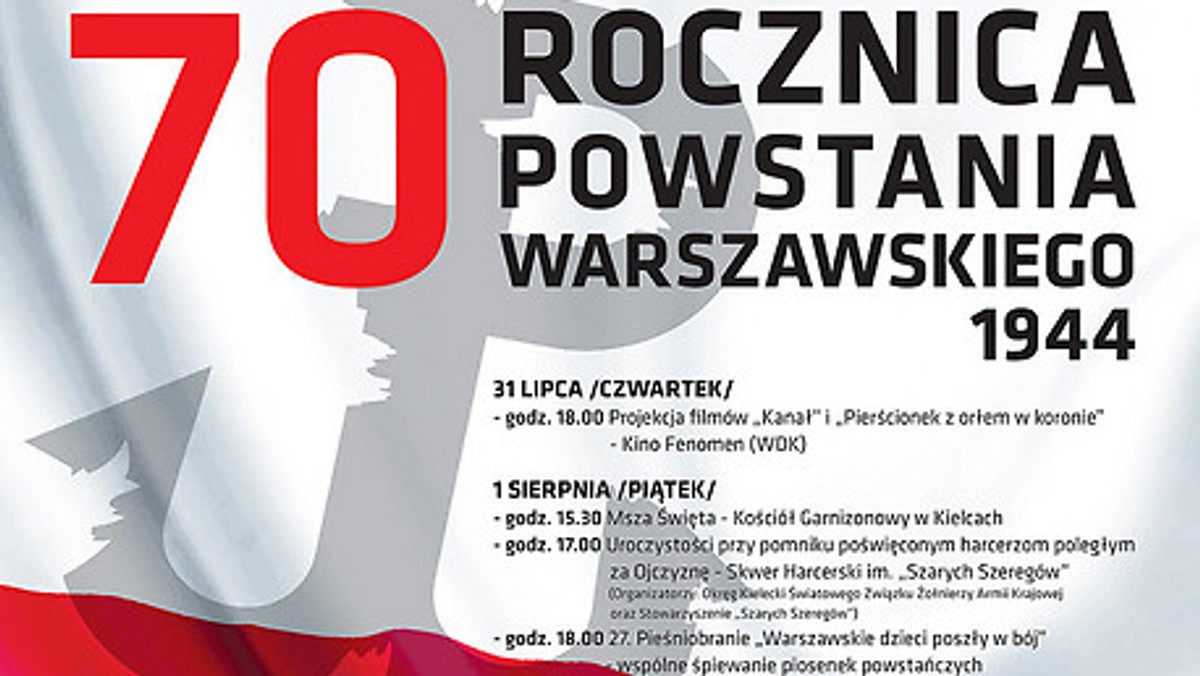 Instytut Pamięci Narodowej Delegatura w Kielcach oraz Prezydent Kielc zapraszają na uroczystości obchodów 70. rocznicy wybuchu Powstania Warszawskiego.