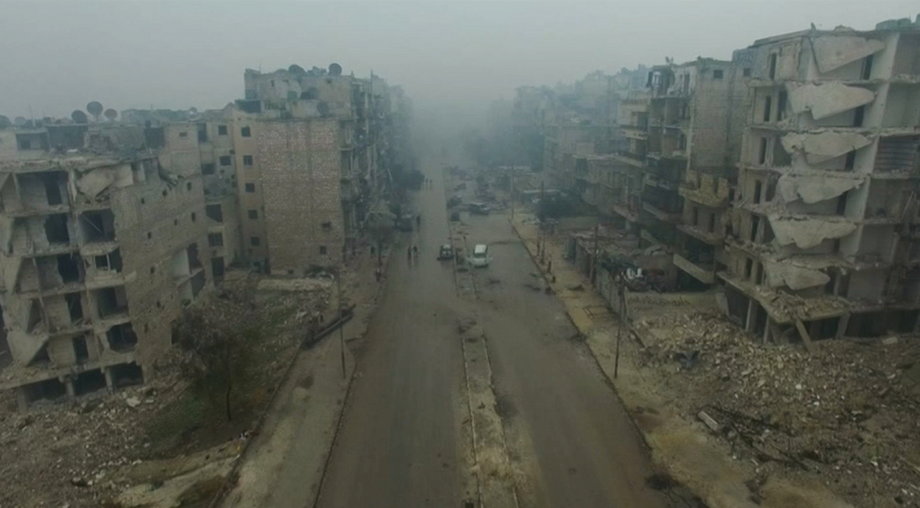 A still image from video taken December 13, 2016, of a general view of bomb-damaged eastern Aleppo.