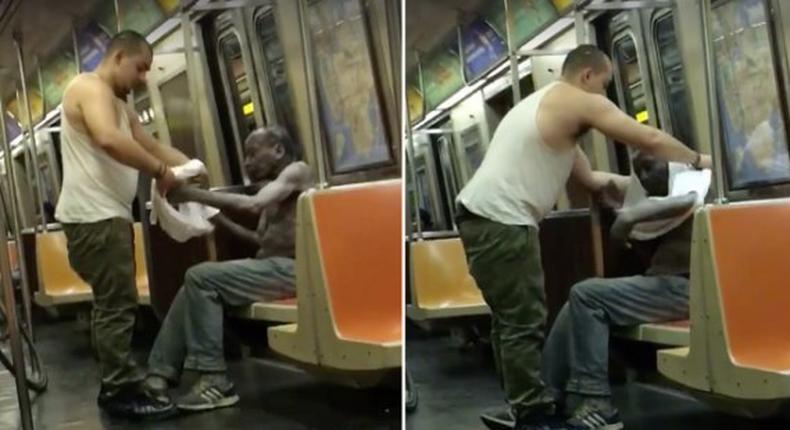 Man clothes shivering old black man on New York Subway