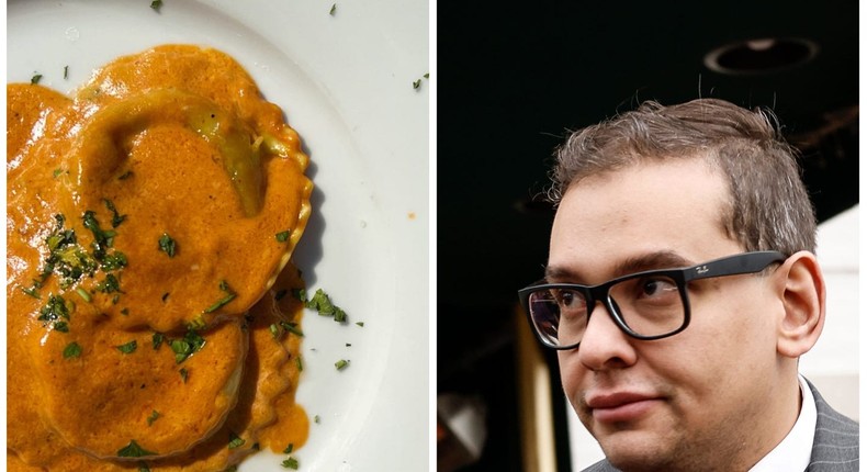 Rep. George Santos (right) with an order of Il Bacco's ravioli campagnola in a pink sauceIl Bacco / Anna Moneymaker/Getty Images