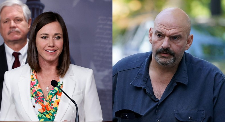 Republican Sen. Katie Britt of Alabama and Democratic Sen. John Fetterman of Pennsylvania.Chip Somodevilla and Nathan Howard/Getty Images