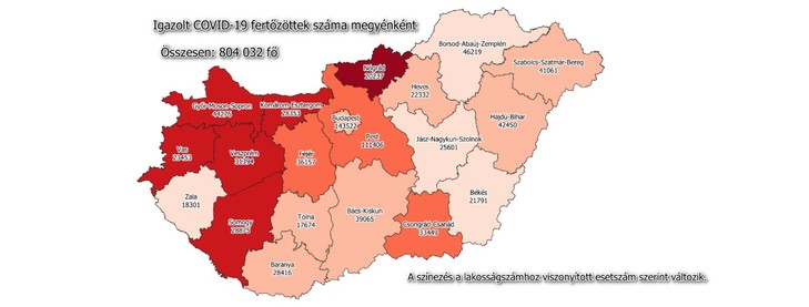 Igazolt Covid-19 fertőzöttek száma megyénként / Fotó: koronavirus.gov.hu