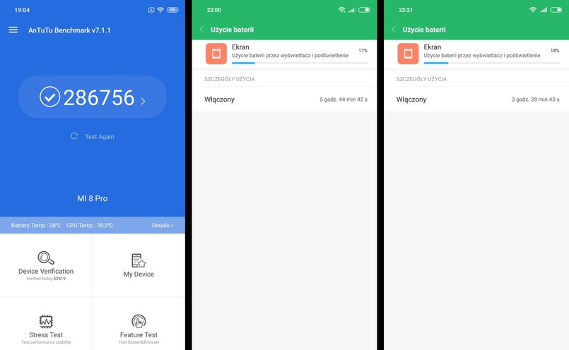 Mi 8 Pro - czas pracy na baterii, AnTuTu Benchmark