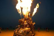 The Rabid Transit Burning Man art car erupts with flames from it's onboard propane poofers during 