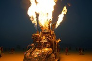 The Rabid Transit Burning Man art car erupts with flames from it's onboard propane poofers during 