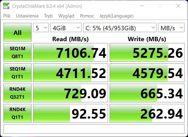 Acer Nitro 5 (AN515-58) – CrystalDiskMark 8 – szybkość nośnika SSD