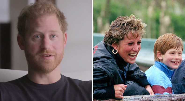 Prince Harry in Harry & Meghan and Princess Diana and Prince Harry during a trip to Thorpe Park theme park in 1993.Netflix; Julian Parker/UK Press/Getty Images