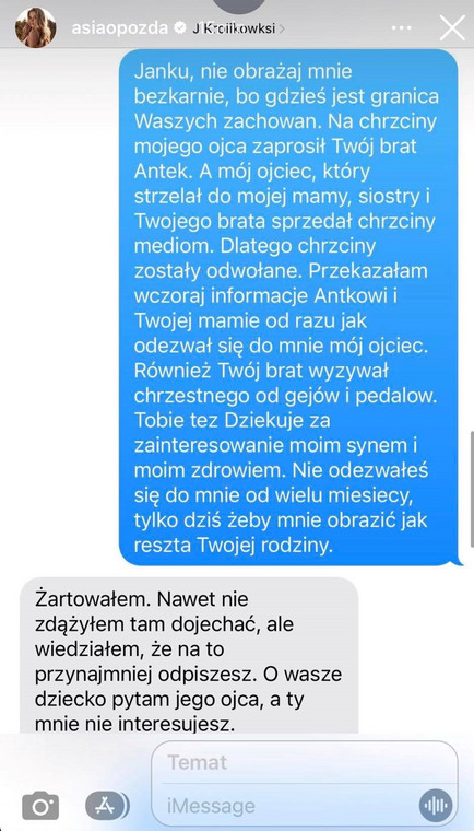 Joanna Opozda pokazała treść SMS-ów z Janem Królikowskim