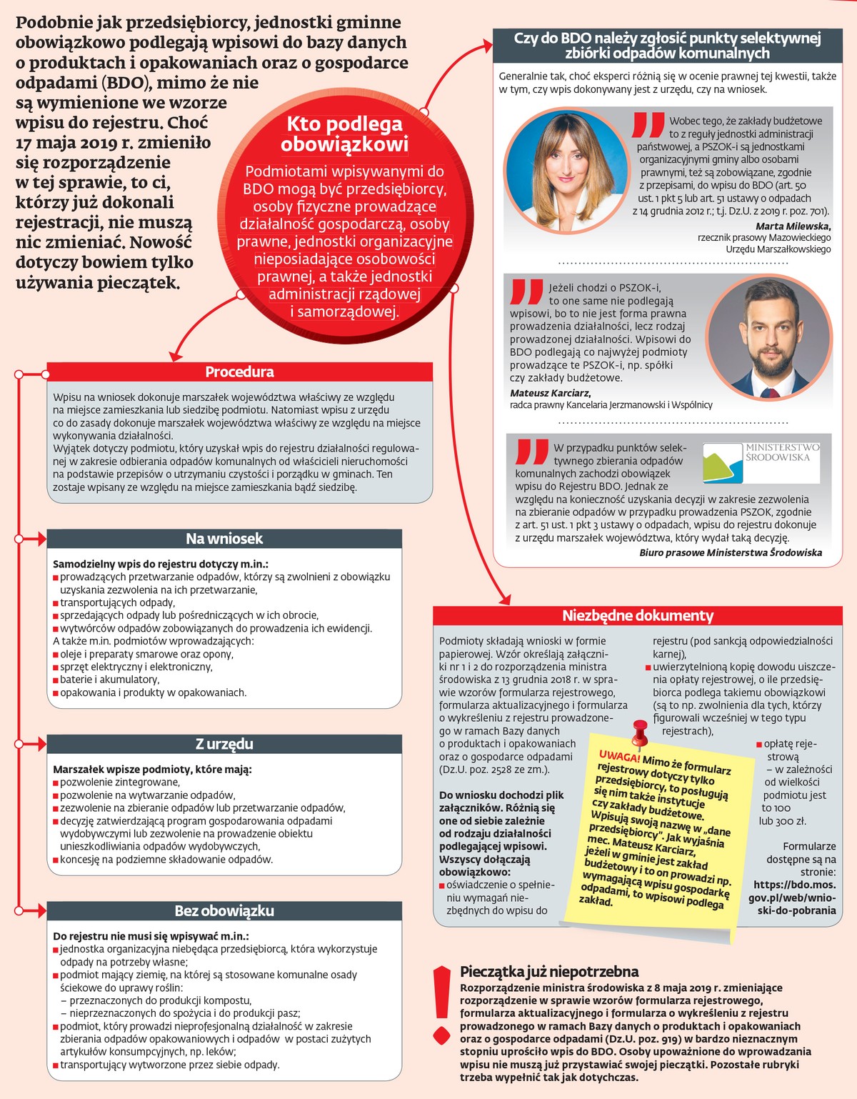 Podobnie jak przedsiębiorcy, jednostki gminne obowiązkowo podlegają wpisowi do bazy danych o produktach i opakowaniach oraz o gospodarce odpadami (BDO), mimo że nie są wymienione we wzorze wpisu do rejestru.
