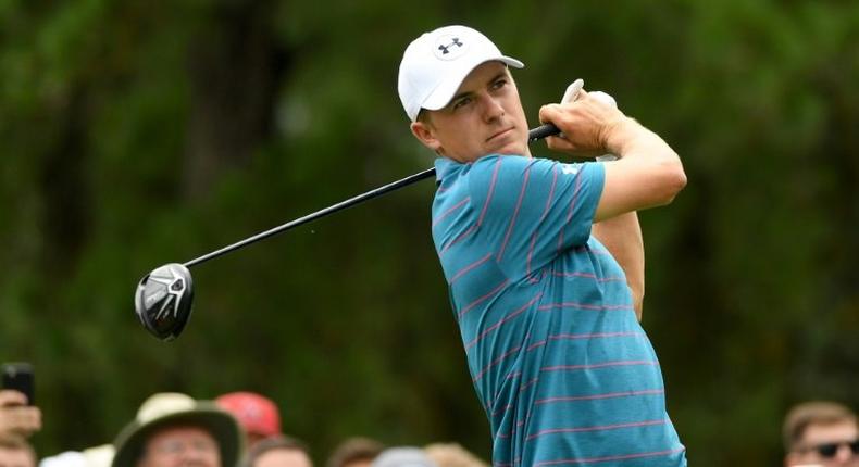 Jordan Spieth hits off a tee during a practice round prior on August 7, 2017 in Charlotte, North Carolina