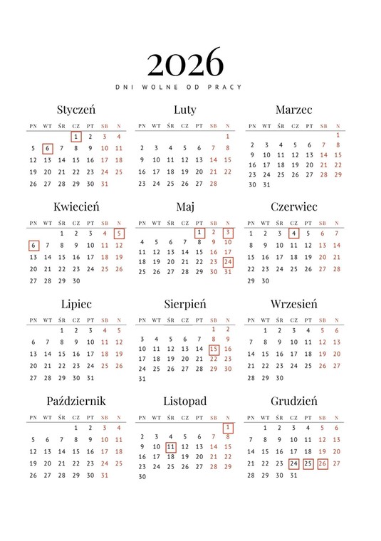 Kalendarz dni wolnych od pracy w 2026 roku