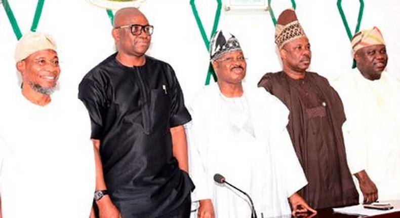 From Left to Right; Governor Rauf Aregbesola of Osun state; Governor Ayo Fayose of Ekiti state; Governor Abiola Ajimobi of Oyo state; Governor Ibikunle Amosun of Ogun state and Governor Akinwumi Ambode of Lagos state. 