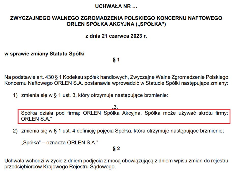 Treść jednej z uchwał, które znalazły się wśród projektów na WZA zaplanowane na 21 czerwca 2023 r.