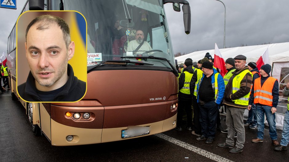 Ukraiński wicepremier Ołeksandr Kubrakow. W tle protesty rolników na przejściu granicznym w Dorohusku, 20 lutego b.r.