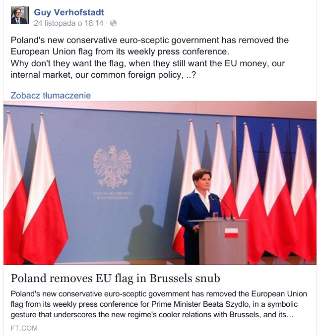 "Dlaczego nie chcą naszej flagi, ale chcą naszych pieniędzy", fot. Facebook