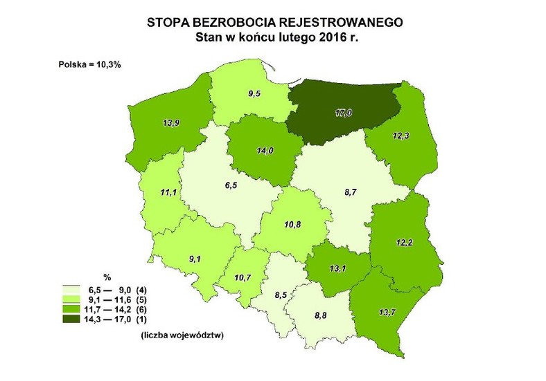 Stopa bezrobocia według województw, źródło: GUS