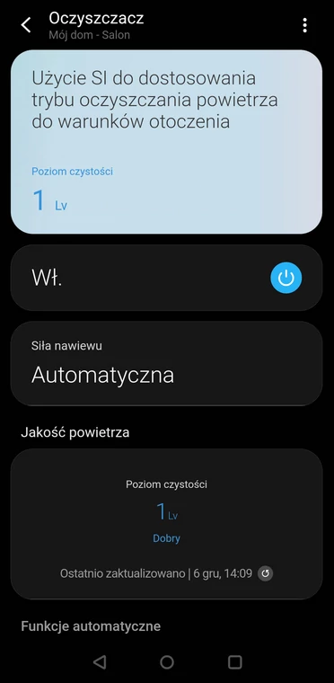  Samsung AX32: główne okno aplikacji SmartThings. Pozwala monitorować jakość powietrza oraz zmieniać prędkość działania wentylatora w oczyszczaczu