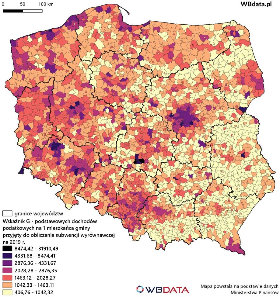 Mapa przedstawia dochody podatkowe na mieszkańca gmin w 2018 r. według analizy firmy WB Data.