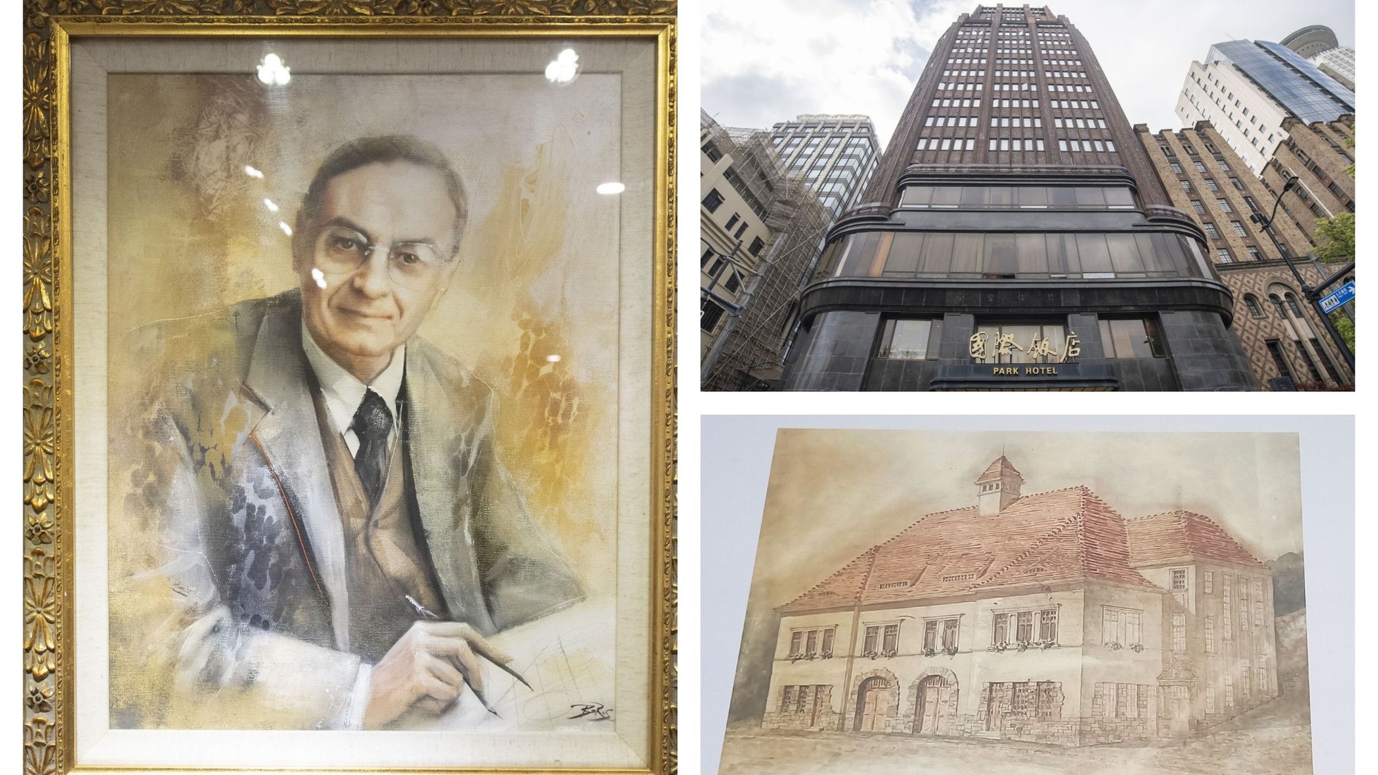 Ladislav Hudec. Vpravo hore Park Hotel v Šanghaji, vpravo dole návrh hasičskej zbrojnice v Kremnici.