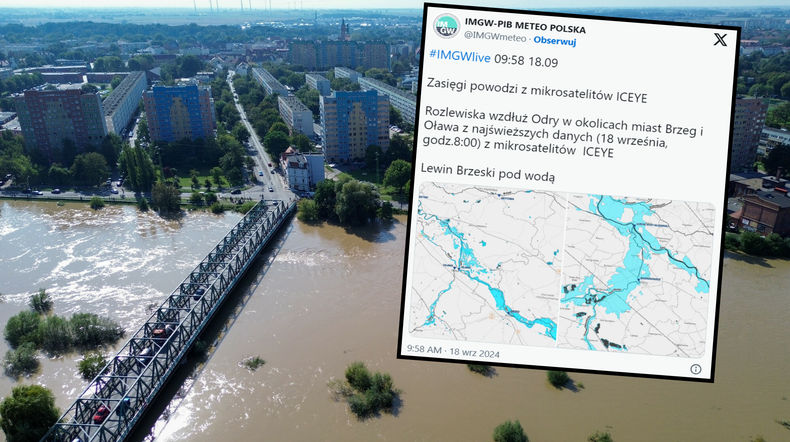 Tak wylewają rzeki w Polsce. Szokujące zdjęcia z satelitów (screen: Twitter.com/IMGWmeteo). Na zdjęciu wezbrana Odra w Oławie