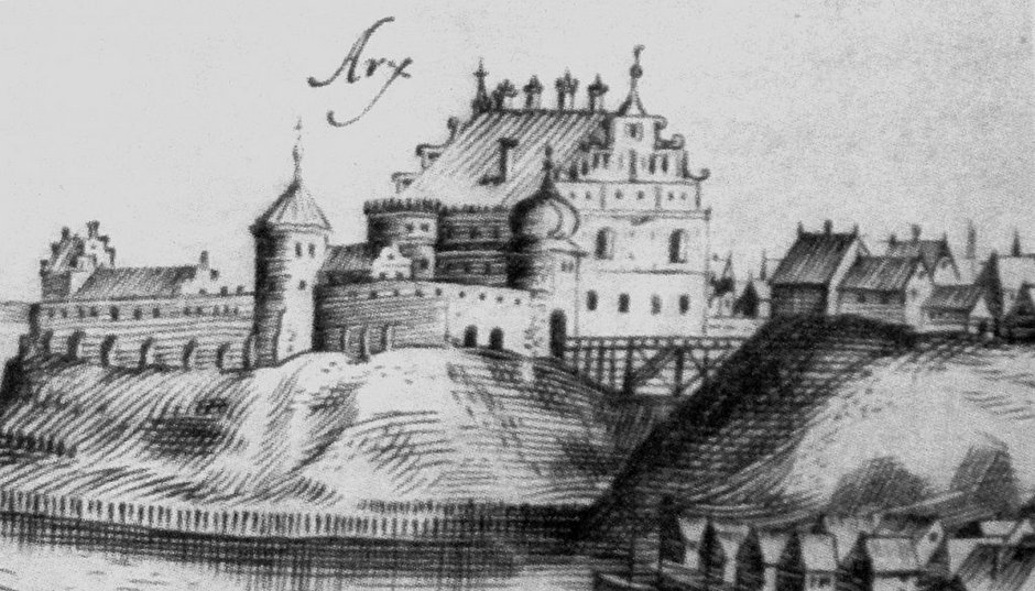 Zamek w Grodnie na rycinie z około 1600 roku.