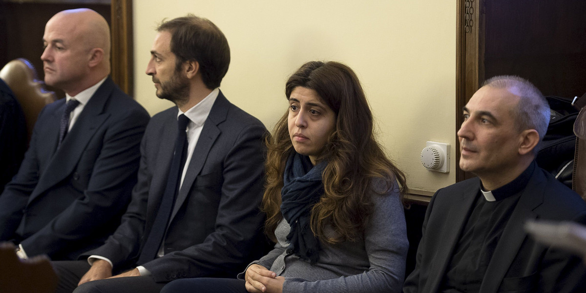 Spanish Monsignor Angel Lucio Vallejo Balda, Italian laywoman Francesca Chaouqui and journalists Gianluigi Nuzzi and Emiliano Fittipaldi attend a trial at the Vatican