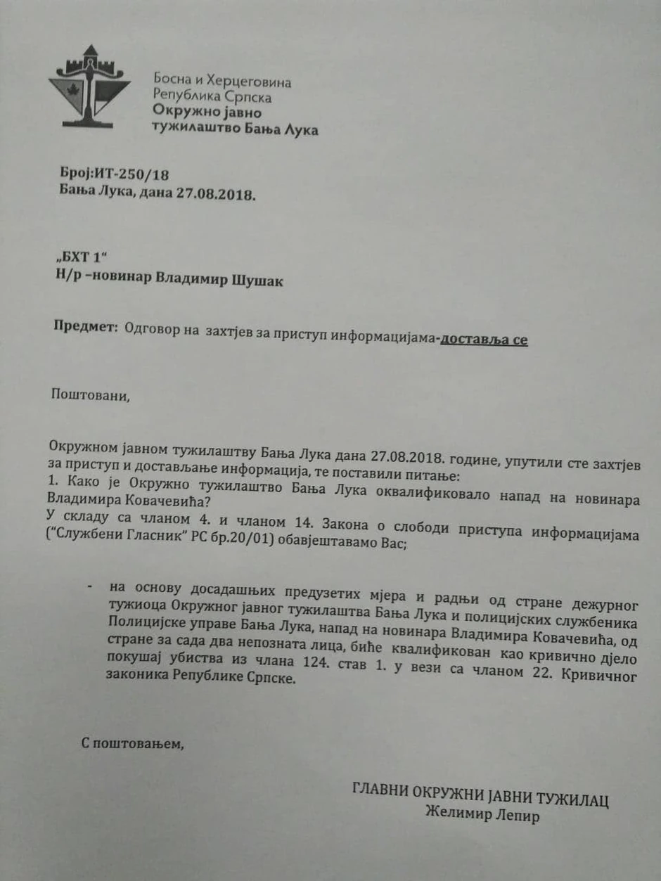 Odgovor tužilaštva o napadu na Vladimira Kovačevića