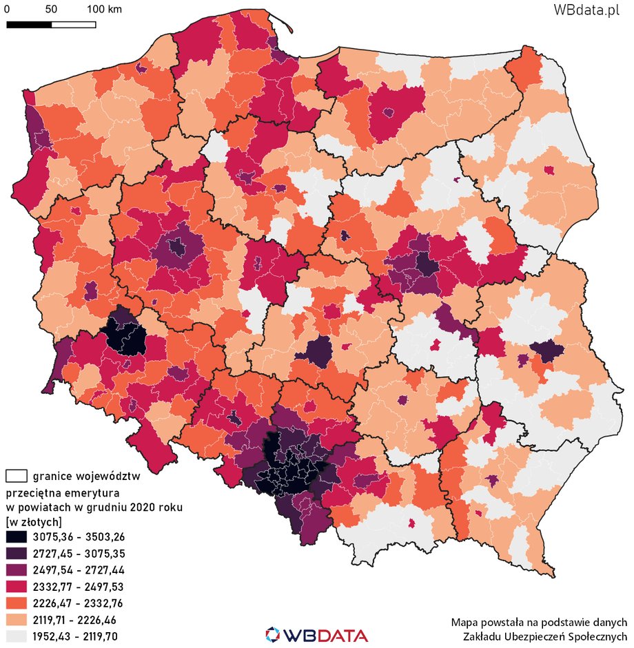 Przeciętna emerytura w 2020 r. według analizy firmy WB Data.