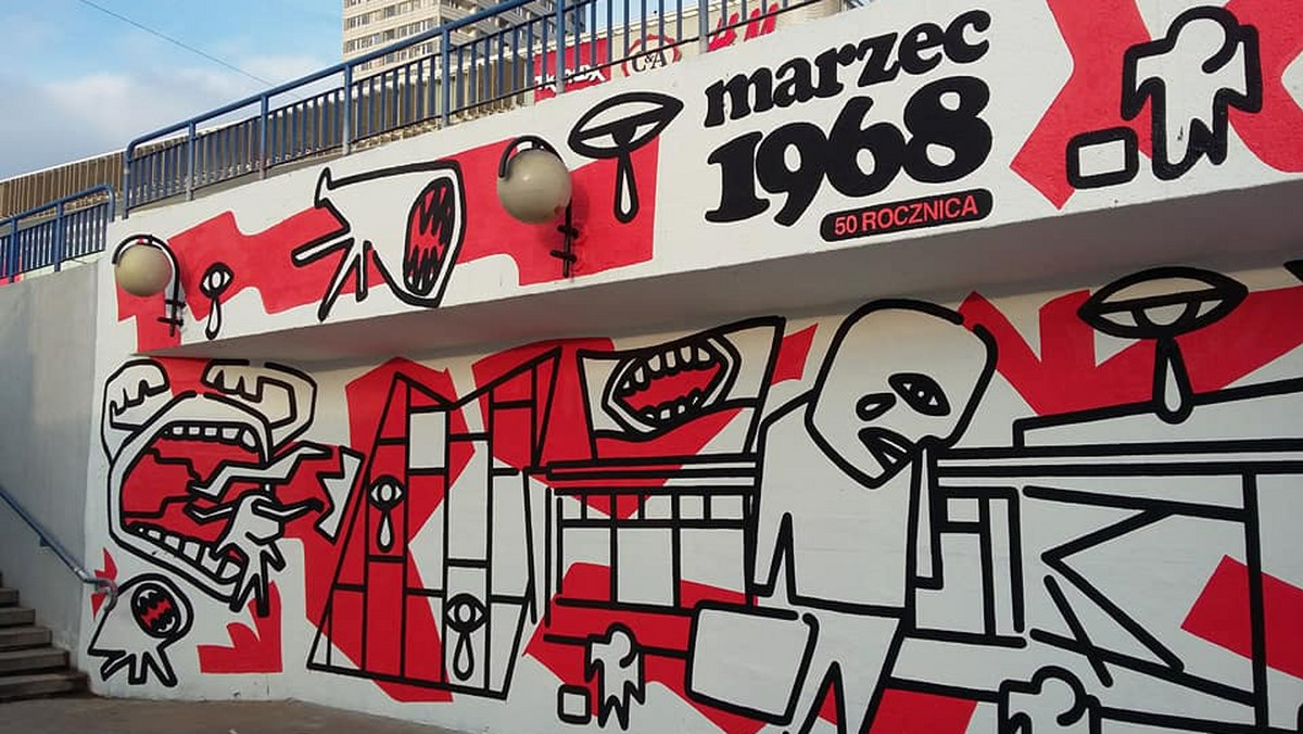 Mural autorstwa Andrzeja Wieteszki stanie na "patelni" przy stacji Centrum warszawskiego metra. To jedna z inicjatyw organizowanych przez stołeczne Muzeum POLIN w ramach kampanii informacyjnej programu "Obcy w domu. Wokół Marca '68".