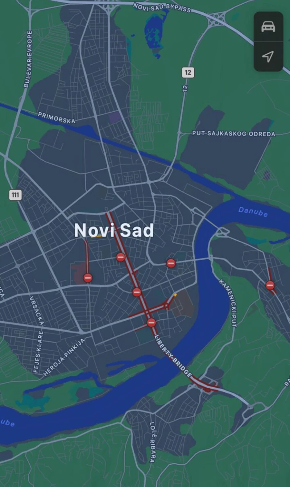Novi Sad mapa blokada