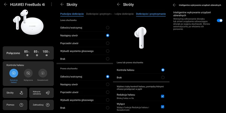 Podstawowe ekrany ustawień słuchawek w aplikacji Huawei AI Life (kliknij, aby powiększyć)