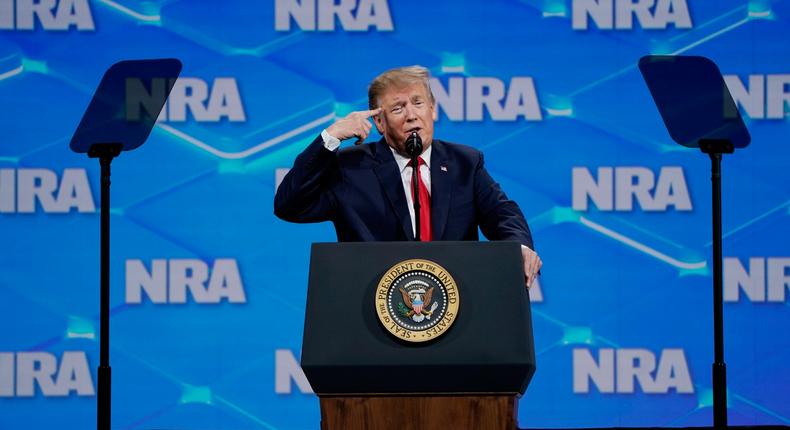 U.S. President Donald Trump addresses the 148th National Rifle Association (NRA) annual meeting in Indianapolis, Indiana, U.S., April 26, 2019. REUTERS/Bryan Woolston