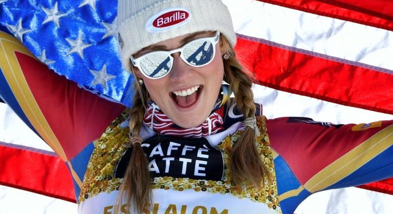 US skier Mikaela Shiffrin celebrates winning the women's slalom at the World Ski Championships in St Moritz, Switzerland, on February 18, 2017