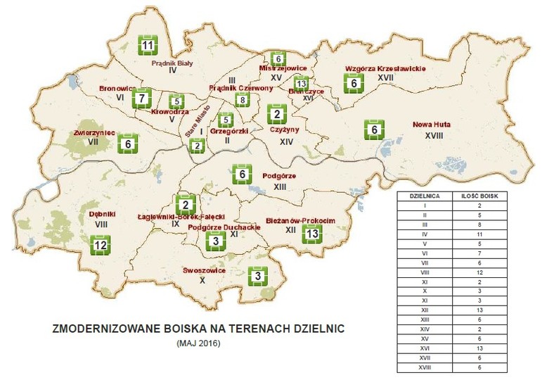 Mapa zmodernizowanych boisk. Stan na maj 2016 roku