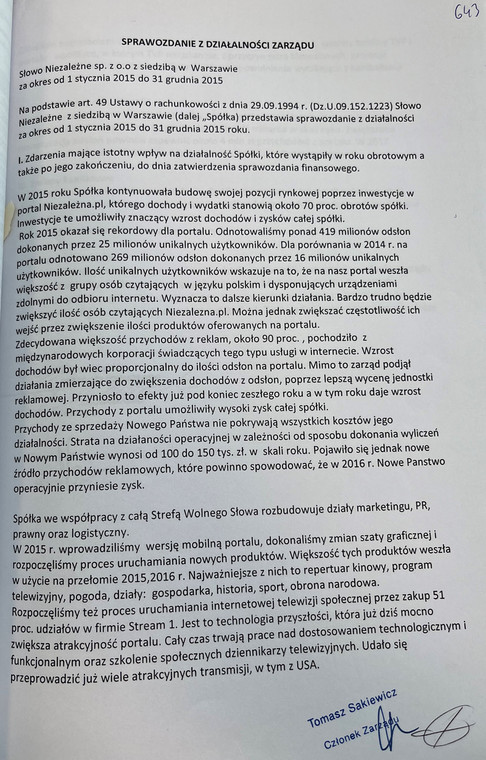 Sprawozdanie z działalności zarządu spółki Słowo Niezależne za rok 2015