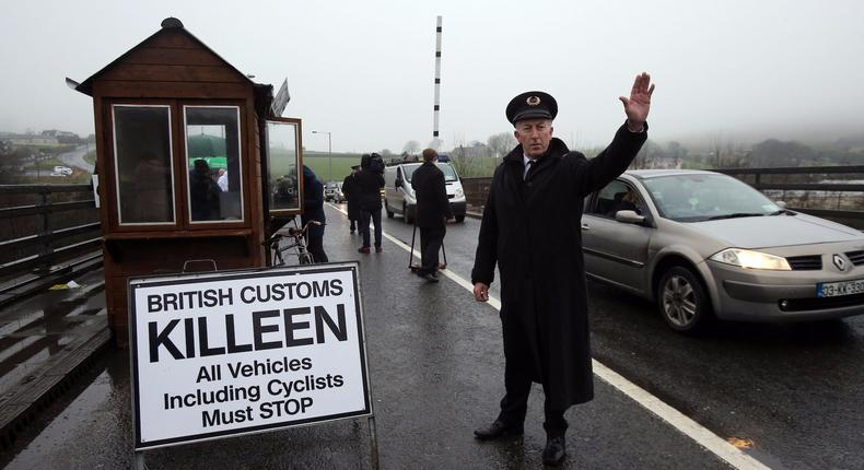 A mock customs post set up at Ravensdale, Co Louth by anti-Brexit campaigners.