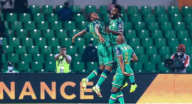 Comoros' players celebrate after scoring the opening goal of an Africa Cup of Nations Group C match in Garoua on Tuesday. Creator: Daniel BELOUMOU OLOMO