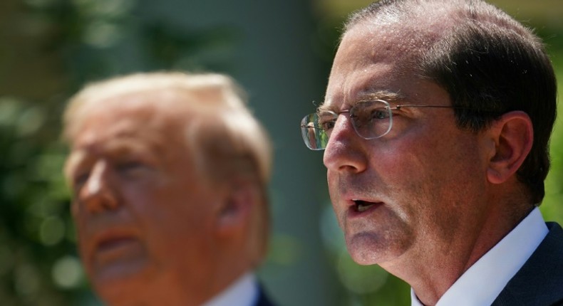 US Secretary of Health and Human Services Alex Azar, who is paying a visit to Taiwan denounced by Beijing, is seen at the White House with President Donald Trump in May 2020