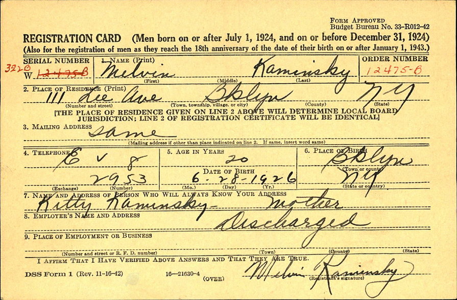 Melvin Kaminsky registration card