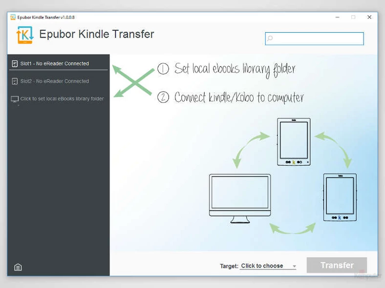 Główne okno programu do transferu danych e-booków - Epubor Kindle Transfer