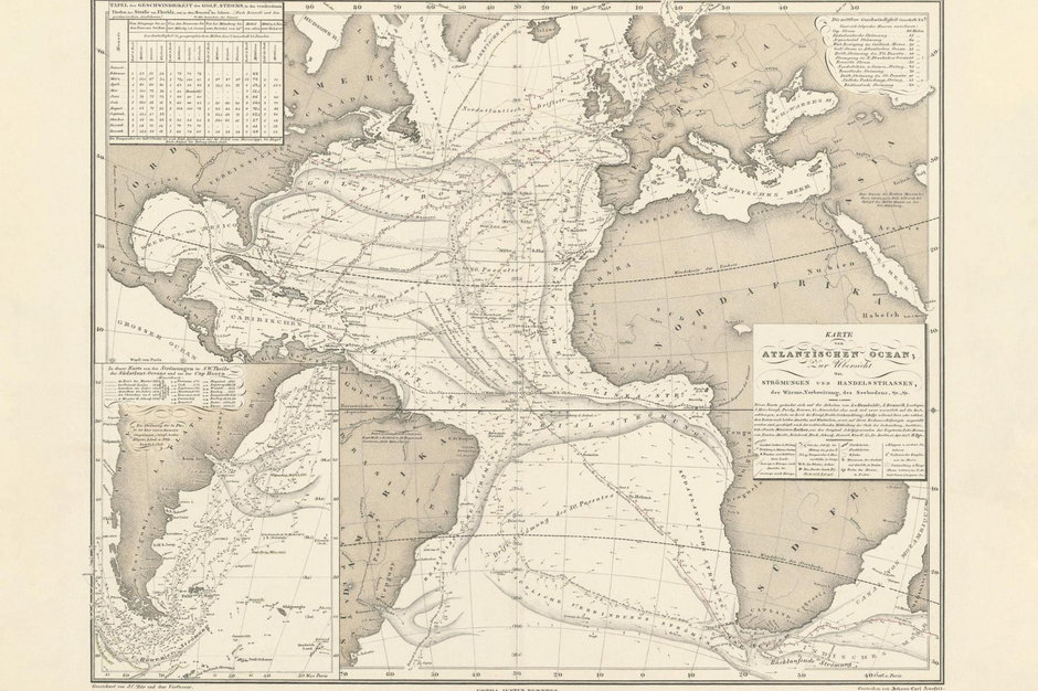 Trasy statków, prądy oceaniczne i dryfujące butelki: "Mapa Oceanu Atlantyckiego" Heinricha Berghausa z 1849 r. (Fot. Forschungsbibliothek Gotha)