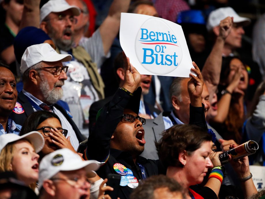 A Sanders supporter at day one of the Democratic National Convention in Philadelphia.