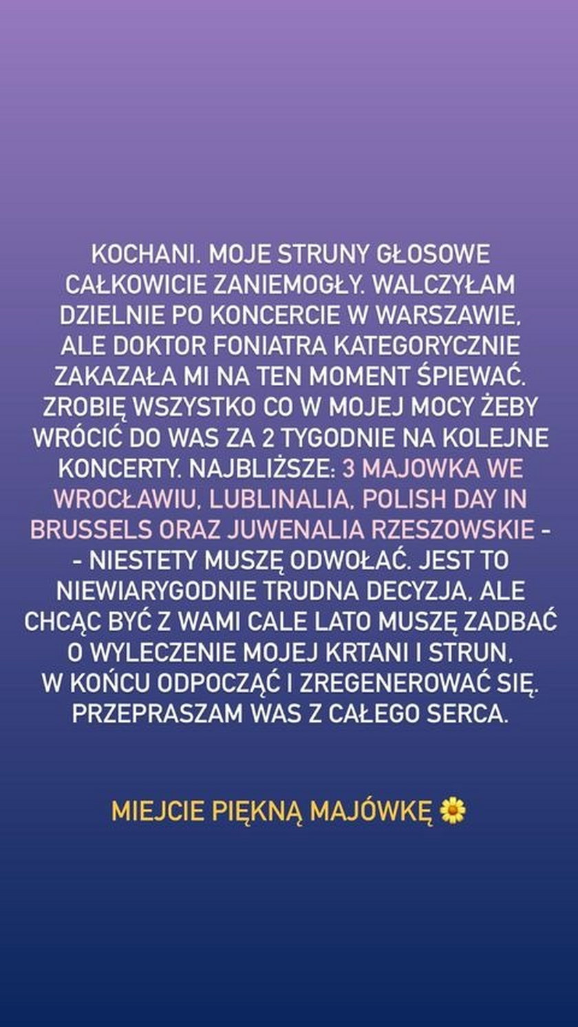 Daria Zawiałow odwołuje koncerty. 